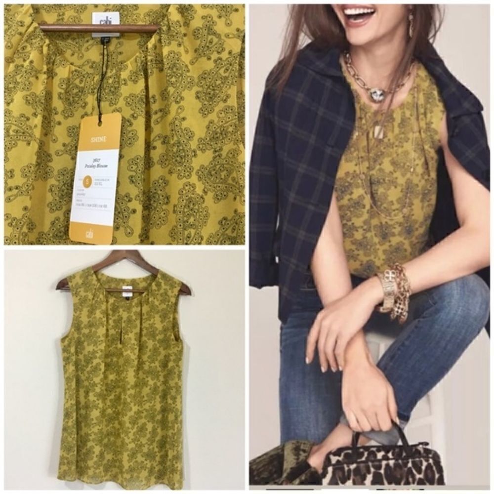 Cabi 3617 Paisley Blouse Yellow Modern Keyhole Top Sleeveless Size Small